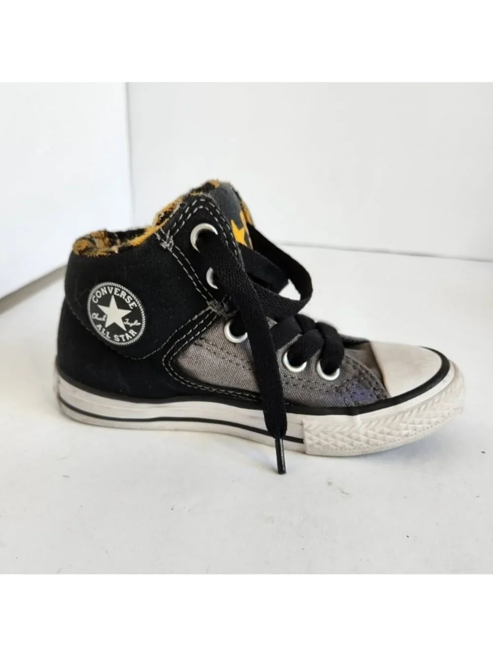 Converse Kids Black Gray Hi Top Sneakers Shoes Yellow Plaid Skater School 11